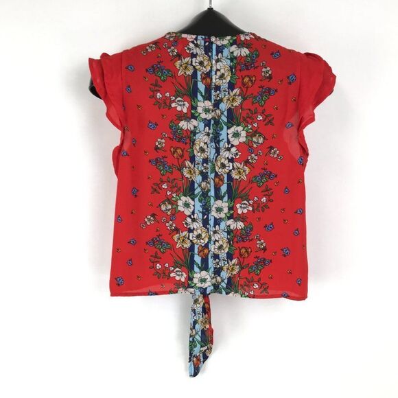 Twine & String Floral Tie Front Blouse Women’s Small Flutter Sleeves Keyhole - Picture 6 of 12